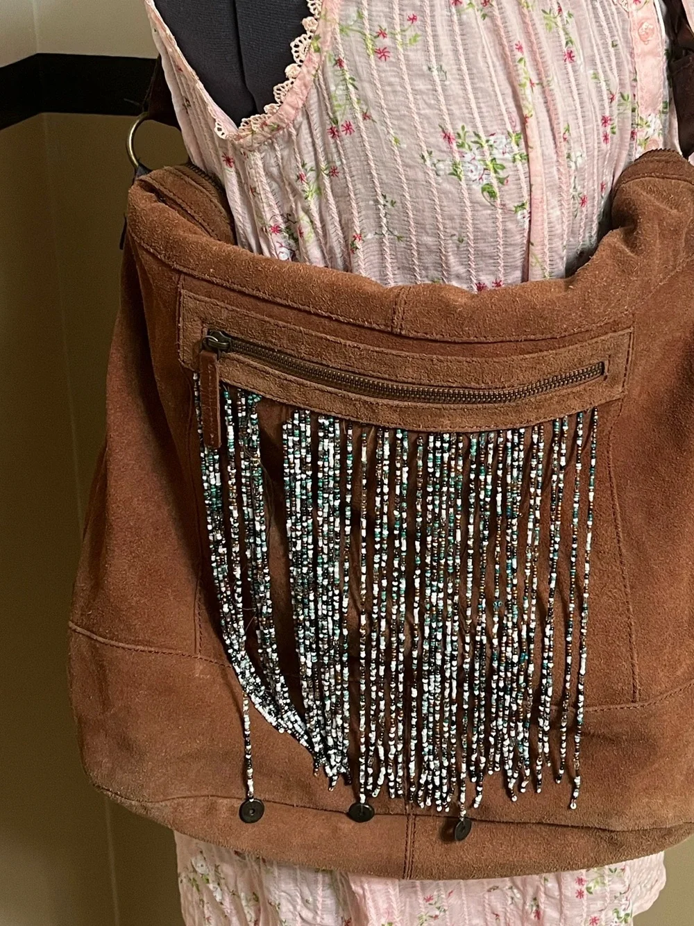 Free People Suede Hobo Shoulder Bag beaded fringe braided shoulder strap BOHO